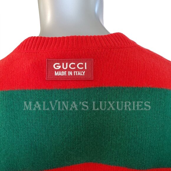 GUCCI MENS SWEATER RED GREEN FELTED WOOL STRIPED PULLOVER V-NECK - Picture 12 of 16